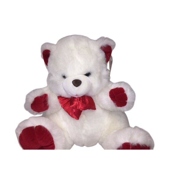 Fluffy White Stuffed VALENTINE'S DAY BEAR Plush RED Bow 16" Tall - Picture 2 of 10